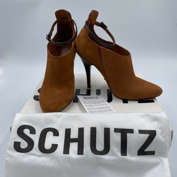 Schutz Whisky brown Suede Nubuck high heel ankle strap pointy Booties Size 5 - Picture 2 of 6